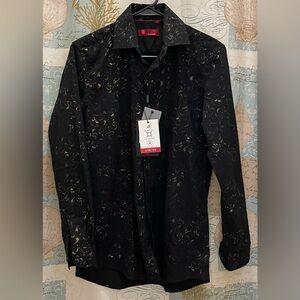 Suslo Couture Blouse Collard Black Gold Womens Business Button Metallic Small